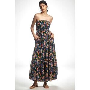 Anthropologie Strapless Maxi Dress in Navy with Multicolor Floral Print-L/XL